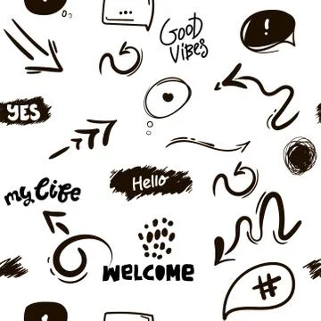 Seamless pattern arrows speech bubble, lettering vector. Hand drawing white b Illustrazione stock