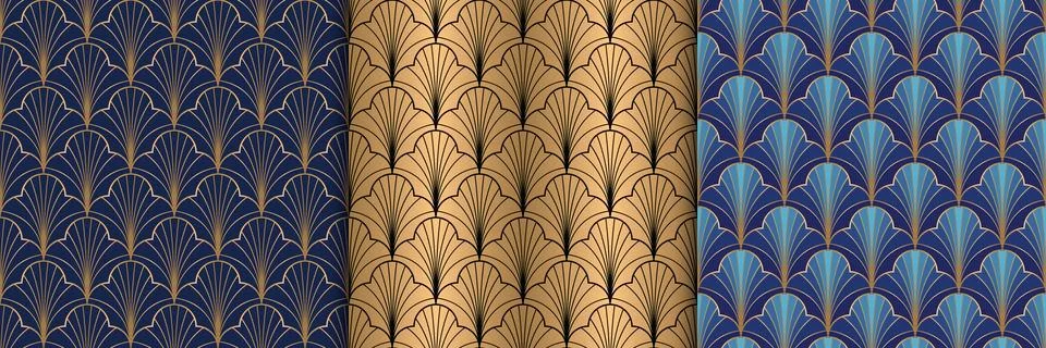 Seamless pattern art deco with fan shape and lines in blue and gold color Stock Illustration