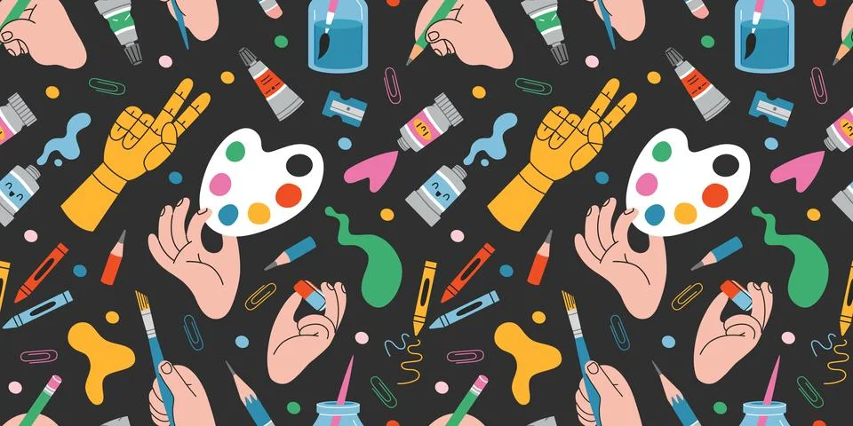 Seamless pattern with art supplies, creative hands, paint tubes, brushes an.. Stock Illustration