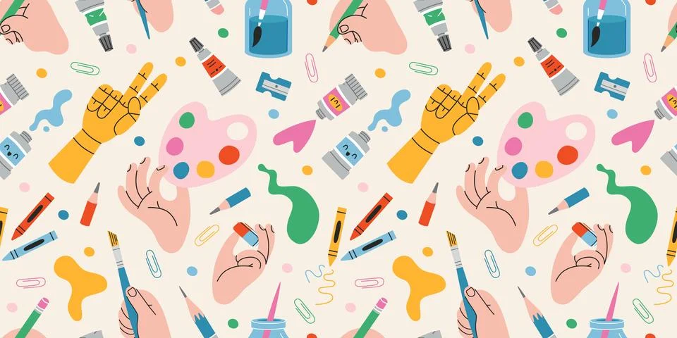 Seamless pattern with art supplies, creative hands, paint tubes, brushes an.. Stock Illustration