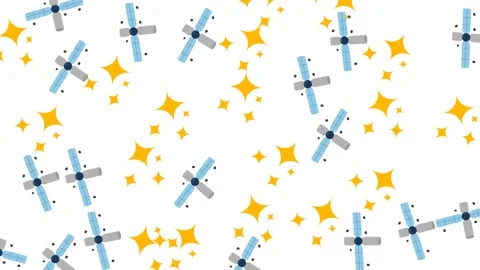 Seamless Pattern of Artificial Satellites and Golden Stars on White Background Stock Footage 346186194