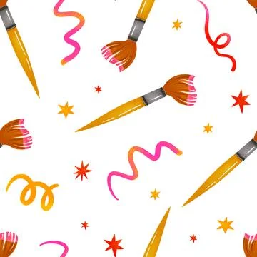 Seamless pattern with artistic paint brushes and bright stars confetti for .. Stock Illustration