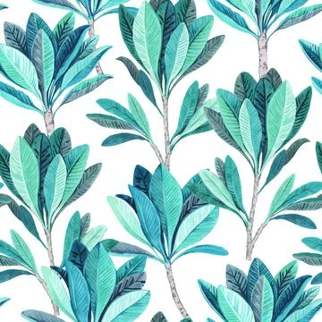 Seamless pattern with artistic turquoise modern tropical leaves and plants Stock Illustration
