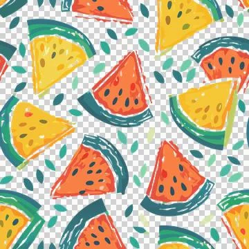 Seamless pattern with artistic watermelon slices on transparent background. Stock Illustration