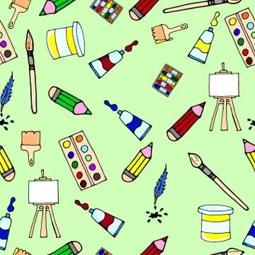 Seamless pattern. Artist's artistic tools. Set of tools for drawing, Stock Illustration
