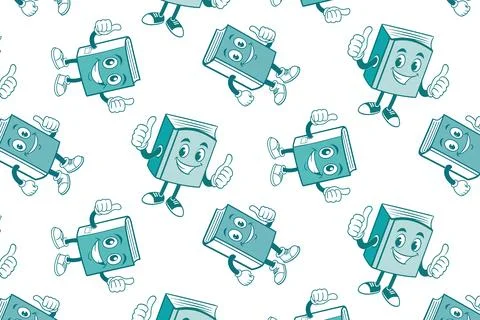 Seamless pattern ?artoon book mascots giving thumbs up, for educational Stock Illustration