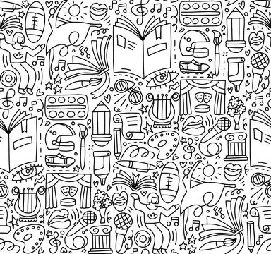 Seamless pattern with arts supplies and dancing attributes. Hobby vector Stock Illustration