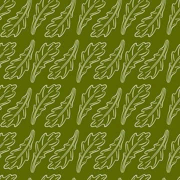 Seamless pattern of arugula lettuce leaf on green background. Hand drawn Stock Illustration