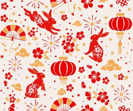 Seamless pattern with Asian elements on color background for happy Chinese ne Stock Illustration