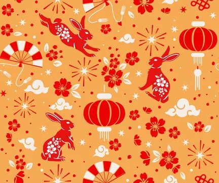 Seamless pattern with Asian elements on color background for happy Chinese ne Stock Illustration