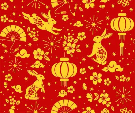 Seamless pattern with Asian elements on color background for happy Chinese ne Stock Illustration