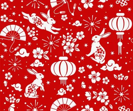 Seamless pattern with Asian elements on color background for happy Chinese ne Stock Illustration