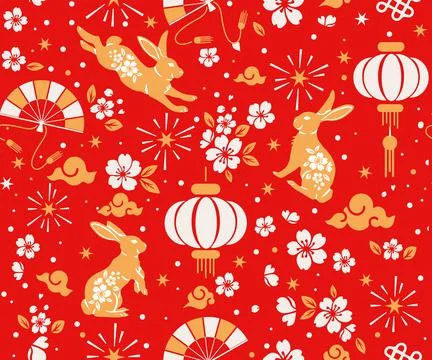 Seamless pattern with Asian elements on color background for happy Chinese ne Stock Illustration