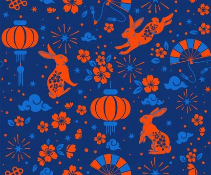Seamless pattern with Asian elements on color background for happy Chinese ne Stock Illustration