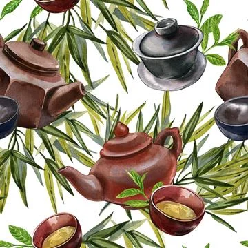 Seamless pattern asian teapot ceramic, bowl, tea, bamboo isolated on white Stock Illustration