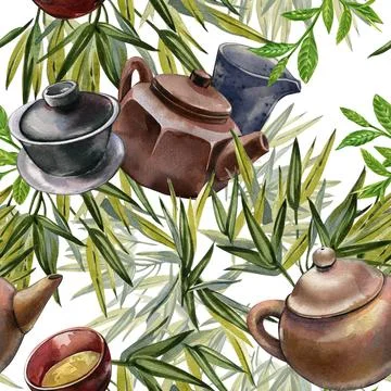 Seamless pattern asian teapot ceramic, bowl, tea, bamboo isolated on white Stock Illustration