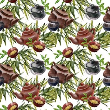 Seamless pattern asian teapot ceramic, bowl, tea, bamboo isolated on white Stock Illustration