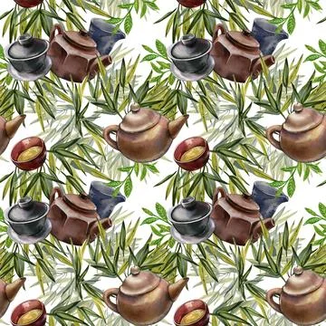 Seamless pattern asian teapot ceramic, bowl, tea, bamboo isolated on white Illustrazione stock