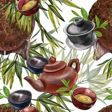 Seamless pattern asian teapot ceramic, bowl, puerh tea, bamboo plant isolated on Stock Illustration