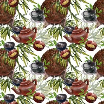 Seamless pattern asian teapot ceramic, bowl, puerh tea, bamboo plant isolated on Stock Illustration