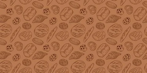 Seamless pattern with assorted bakery bread and pastry in line art style. Ideal Stock Illustration