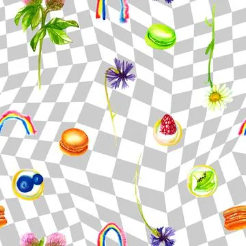 Seamless pattern of assorted flowers and sweets on a checkerboard background Illustrazione stock