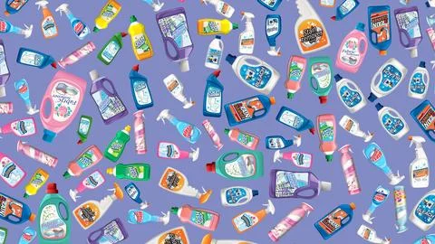 Seamless Pattern of Assorted Household Cleaning Products and Detergent Bottle Stock Illustration