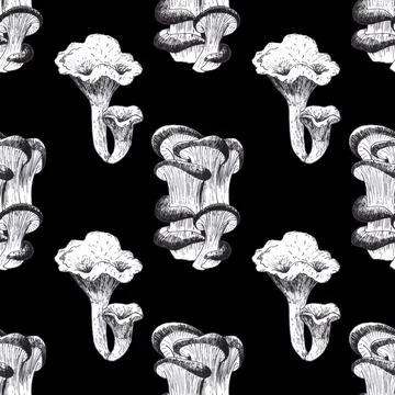 Seamless pattern of assorted mushrooms hand drawn with ink pen isolated on black Stock Illustration