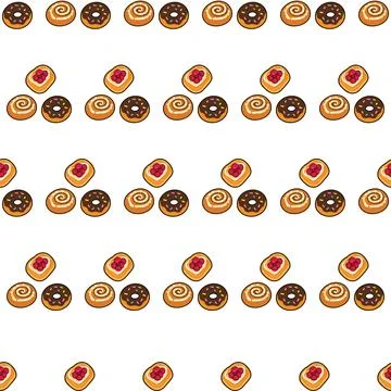 Seamless pattern of assorted sweet bakery donuts and pastries on white back.. Stock Illustration