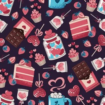 Seamless Pattern With Assorted Sweets, Chocolate, Cake Slice, Lollipop And .. Stock Illustration
