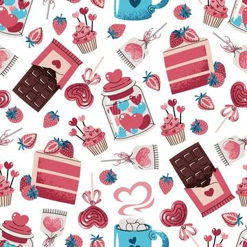 Seamless Pattern With Assorted Sweets, Chocolate, Cake Slice, Lollipop And St Stock Illustration