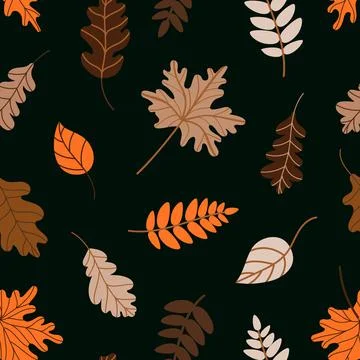 Seamless pattern of assorted withered leaves on dark green background Illustrazione stock