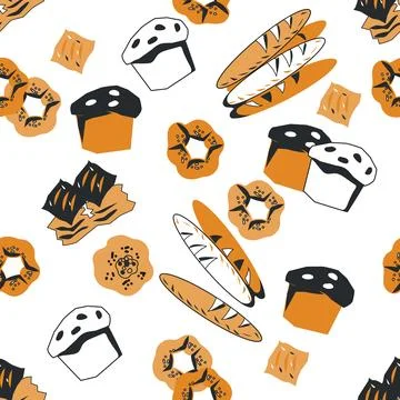 Seamless pattern with assortment of bread and pastry items, vector. 스톡 일러스트