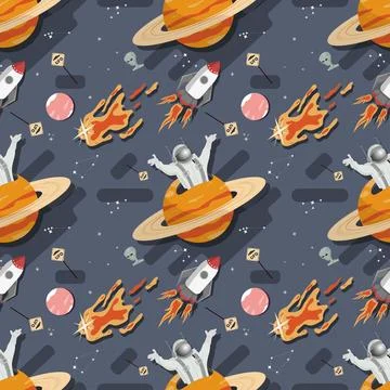 Seamless pattern an astronaut in outer space climbs out of planets with rin.. Stock Illustration