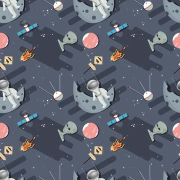 Seamless pattern astronaut in outer space sitting on the planet moon flat c.. Stock Illustration
