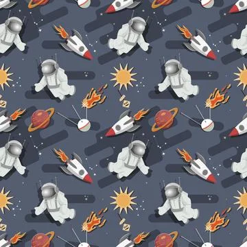 Seamless pattern an astronaut with a rocket in outer space among the planet.. Stock Illustration