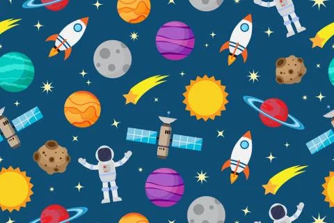 Seamless pattern of astronauts and planet in space galaxy background  Stock Illustration