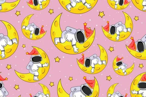 Seamless Pattern of Astronauts Sleeping on Crescent Moons Stock Illustration