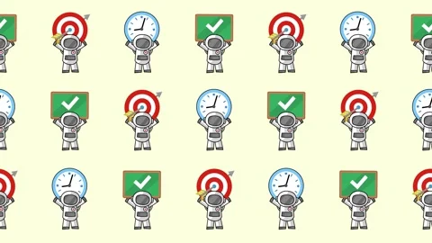 Seamless pattern of astronauts with time management and goals icons in a cartoon Video stock 318312263
