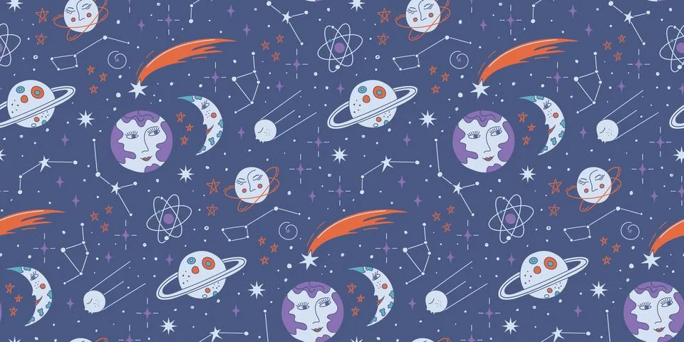 Seamless pattern with astronomy symbols. Outer space retro background. Stock Illustration
