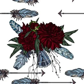 Seamless pattern with athnic arrow and peony bouquet. Stock Illustration