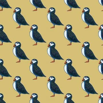 Seamless pattern atlantic puffin risograph illustration Stock Illustration
