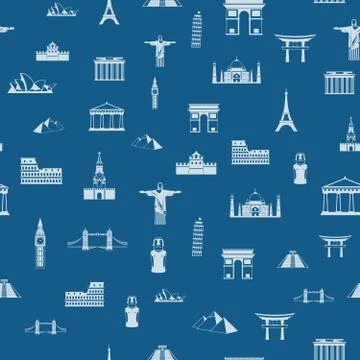 Seamless pattern of the attractions of the world, outline drawing for your ap Stock Illustration