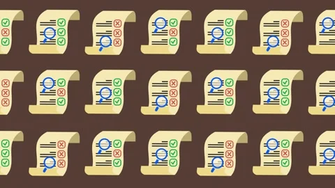 Seamless pattern with audited checklist scrolls and magnifying glass icons Stock Footage 330278776