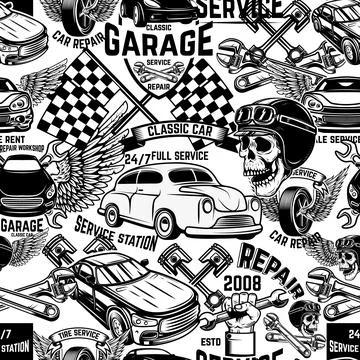 Seamless pattern with auto repair design elements in monochrome style. Design Stockillustratie