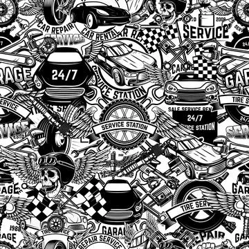 Seamless pattern with auto repair design elements in monochrome style. Design 스톡 일러스트