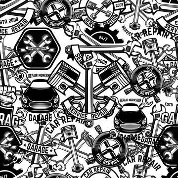 Seamless pattern with auto repair design elements in monochrome style. Design イラスト素材