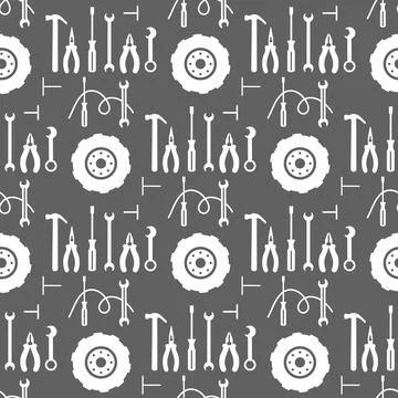 Seamless pattern of automotive tools including wrenches, pliers, and tires .. Stock Illustration