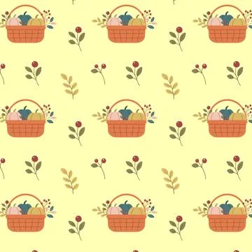 Seamless pattern with autumn basket of pumpkins and branches on beige backg.. Stock Illustration