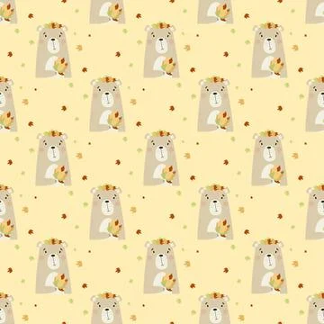 Seamless pattern with autumn bear. Cute animal with a bouquet of autumn leaves Stock Illustration
